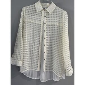 LINDI Womens Small Cream Checkered Sheer Pleated Back Button Down Blouse Shirt